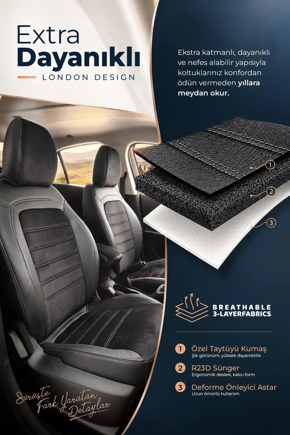 Ford Focus 2018 Sonrası Araca Özel Koltuk Kılıfı London Design Siyah Siyah Siyah