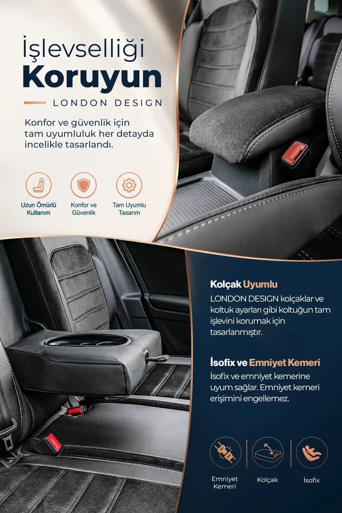 Ford Tourneo Courier 2014 Sonrası (Servis Kapaklı) Araca Özel Oto Koltuk Kılıfı London Design  Siyah Siyah Füme 2