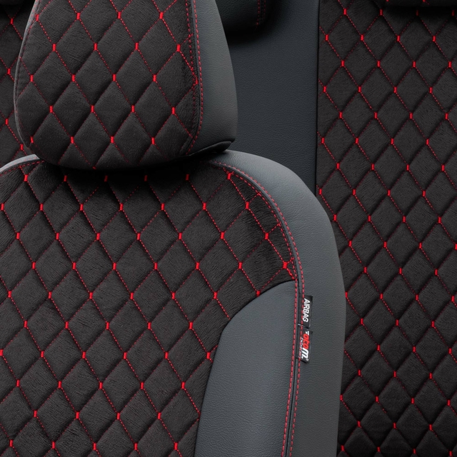 Otom Nissan Micra 2011-2019 Özel Üretim Koltuk Kılıfı Madrid Design Tay Tüyü Siyah - Kırmızı - 3